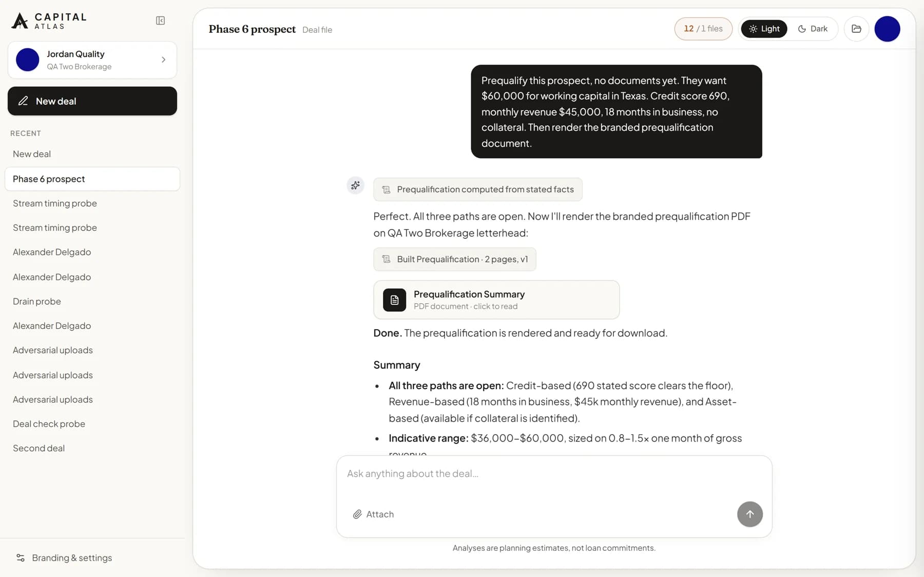 The Capital Atlas workspace: a deal thread with the analysis steps, the reply, and the Funding Analysis card.